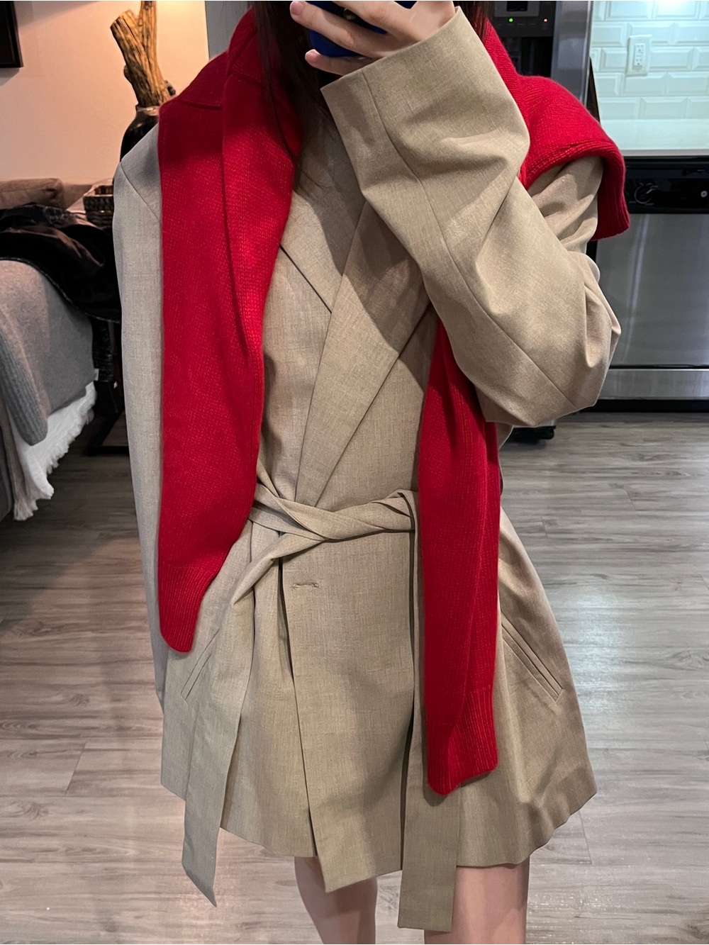 Designer Aeron Taupe Brown Beige Belted Trench Blazer Jacket